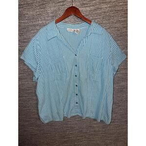 White Stag Women's 3X 22W 24W Blue Gingham Button Front Shirt Stretch Cotton Top